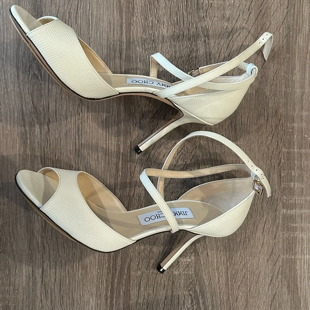 JIMMY CHOO EMSY 85MM CHEVRON EMBOSSED PATENT SANDAL HEELS Size 37/7 - Picture 5 of 9